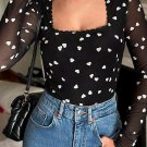 Black Heart Shape Mesh Patchwork Square Neck Bodysuit