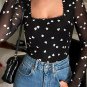 Black Heart Shape Mesh Patchwork Square Neck Bodysuit