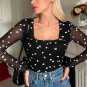 Black Heart Shape Mesh Patchwork Square Neck Bodysuit