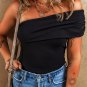 Black Solid Color Pleated One Shoulder Bodysuit