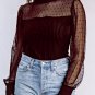 Fiery Red Sheer Dotty Long Sleeve Ribbed Velvet Bodysuit