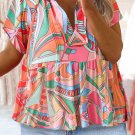 Multicolor Boho Abstract Pattern Split V Neck Flowy Blouse