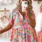 Multicolor Boho Abstract Pattern Split V Neck Flowy Blouse