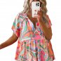 Multicolor Boho Abstract Pattern Split V Neck Flowy Blouse