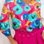Rose Multicolor Floral Print V Neck 3/4 Sleeve Blouse