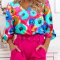 Rose Multicolor Floral Print V Neck 3/4 Sleeve Blouse