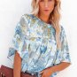 Sky Blue Paisley Print Wide Sleeves Loose Blouse