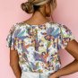 Sky Blue Floral Buttoned Round Neck Ruffled Sleeve Blouse