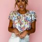 Sky Blue Floral Buttoned Round Neck Ruffled Sleeve Blouse