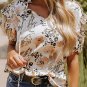 Gold Leopard Floral Print Split Neck Puff Sleeve Blouse