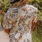 Gold Leopard Floral Print Split Neck Puff Sleeve Blouse