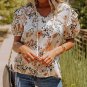Gold Leopard Floral Print Split Neck Puff Sleeve Blouse