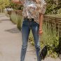 Gold Leopard Floral Print Split Neck Puff Sleeve Blouse