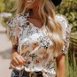 Gold Leopard Floral Print Split Neck Puff Sleeve Blouse