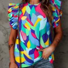 Multicolor Abstract Print Stitching Ruffle Sleeve Blouse