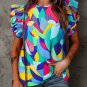 Multicolor Abstract Print Stitching Ruffle Sleeve Blouse
