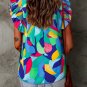 Multicolor Abstract Print Stitching Ruffle Sleeve Blouse