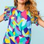 Multicolor Abstract Print Stitching Ruffle Sleeve Blouse