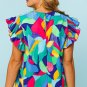 Multicolor Abstract Print Stitching Ruffle Sleeve Blouse