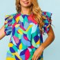 Multicolor Abstract Print Stitching Ruffle Sleeve Blouse