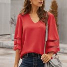 Red Flare Sleeve V Neck Loose Blouse