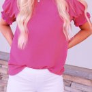 Rose Solid Color Smocked Puff Sleeve Blouse