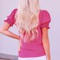 Rose Solid Color Smocked Puff Sleeve Blouse