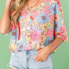 Multicolor Floral Print V Neck Half Sleeve Blouse