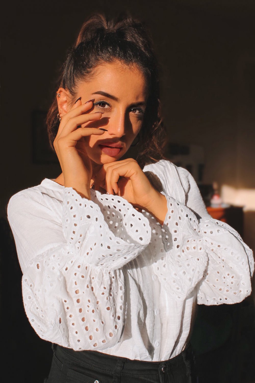 White Rekindle Eyelet Button Down Top