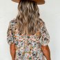 Multicolor Split V Neck Puff Sleeve Flower Print Blouse