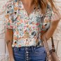 Multicolor Split V Neck Puff Sleeve Flower Print Blouse