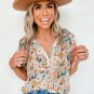 Multicolor Split V Neck Puff Sleeve Flower Print Blouse