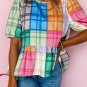 Multicolor Bold Plaid Color Block Puff Sleeve Peplum Top
