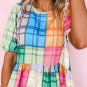 Multicolor Bold Plaid Color Block Puff Sleeve Peplum Top