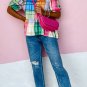 Multicolor Bold Plaid Color Block Puff Sleeve Peplum Top