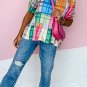 Multicolor Bold Plaid Color Block Puff Sleeve Peplum Top
