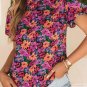 Multicolor Floral Print Round Neck Puff Sleeve Blouse