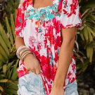 Red Floral Printed Embroidered Square Neck Blouse