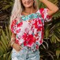 Red Floral Printed Embroidered Square Neck Blouse