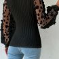 Black Floral Applique Mesh Sleeves Textured Knit Blouse