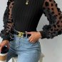 Black Floral Applique Mesh Sleeves Textured Knit Blouse
