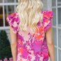Rose Floral Flutter Sleeves Frilled Neck Blouse
