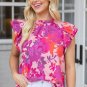 Rose Floral Flutter Sleeves Frilled Neck Blouse