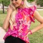 Rose Floral Flutter Sleeves Frilled Neck Blouse