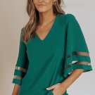 Green Flare Sleeve V Neck Loose Blouse