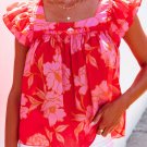 Red Floral Square Neck Ruffle Sleeve Blouse