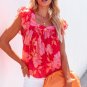 Red Floral Square Neck Ruffle Sleeve Blouse