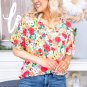 Red Floral Print Ruffled Short Sleeve V Neck Blouse