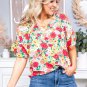 Red Floral Print Ruffled Short Sleeve V Neck Blouse