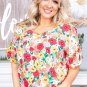 Red Floral Print Ruffled Short Sleeve V Neck Blouse
